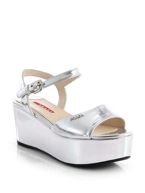 prada silver wedge sandals|Prada platform wedge sandals.